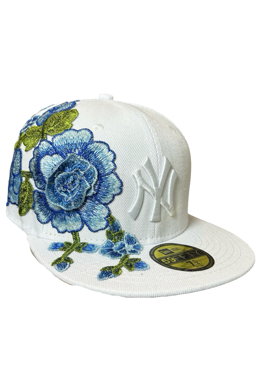 Casquette New Era 59Fifty Custom blanche Fleurs Bleues – Taille 7 1/4