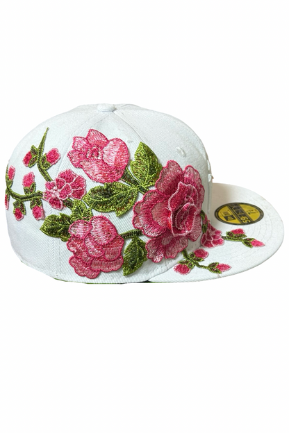 Casquette New Era 59Fifty Blanche Custom Fleurs Roses – Taille 7 1/4