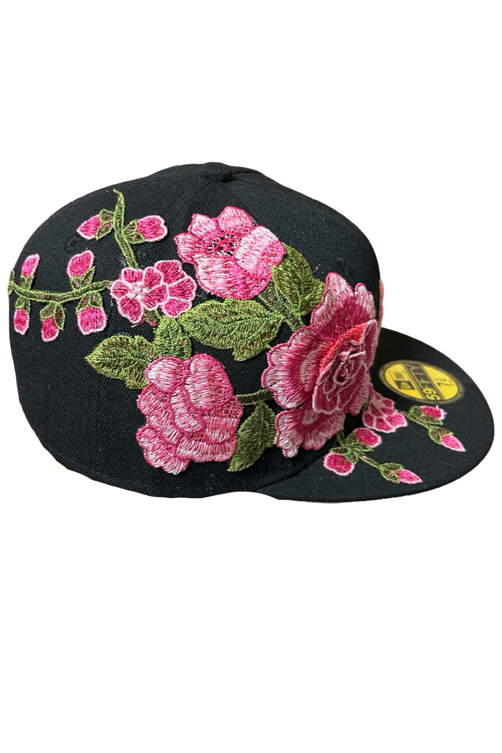 Casquette New Era 59Fifty Custom Noire Fleurs Roses – Taille 7 1/4