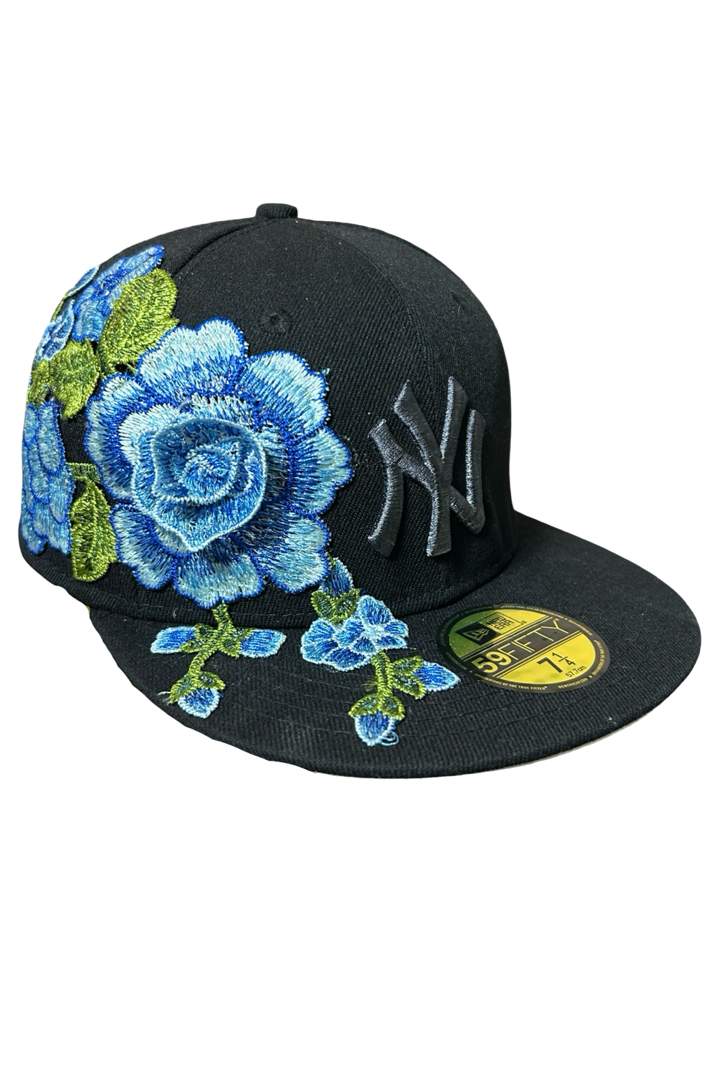 Casquette New Era 59Fifty Custom Noire Fleurs Bleues – taille 7 1/4