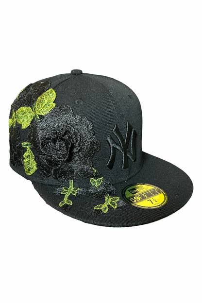 Casquette New Era 59Fifty NY broderie florale rose noire et verte