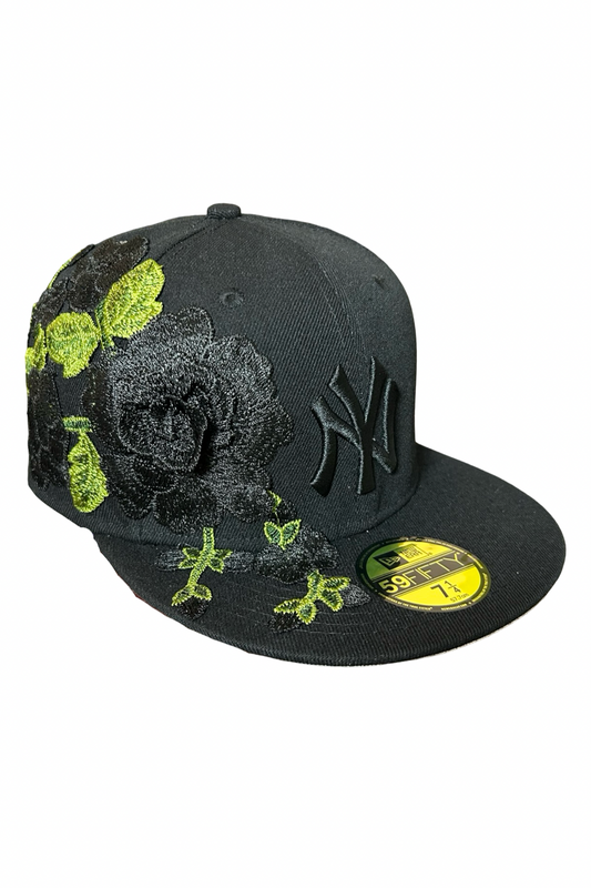 Casquette New Era 59Fifty NY broderie florale rose noire et verte